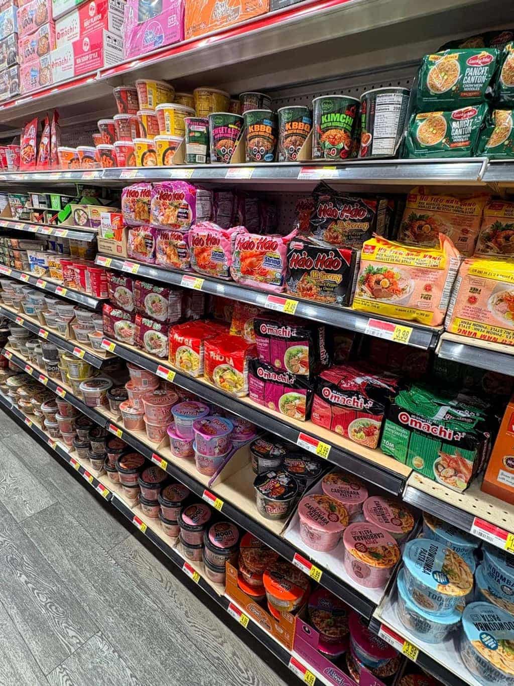Full aisle of instant noodles at Asian Market Escondido