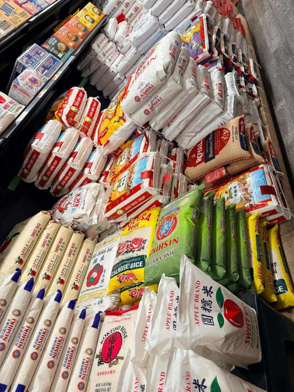 Pallets of rice in many varieties at Asian Market Escondido