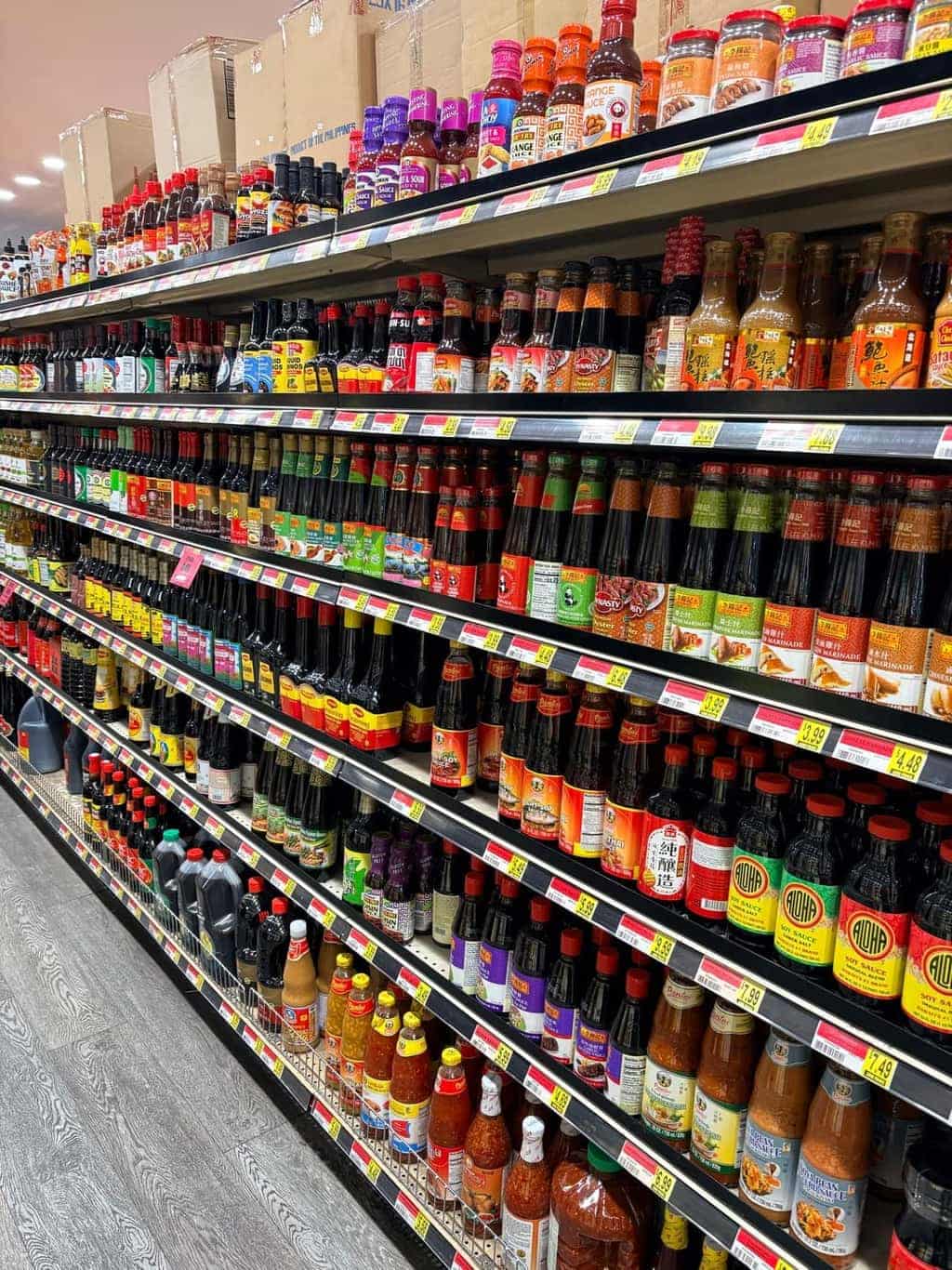 Shelves of Asian sauces and marinades at Asian Market Escondido
