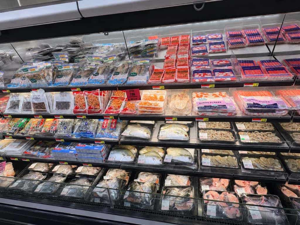 Display case of fresh seafood at Asian Market Escondido