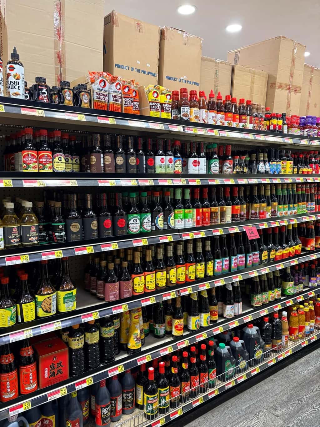 Shelf of Japanese soy sauces at Asian Market Escondido
